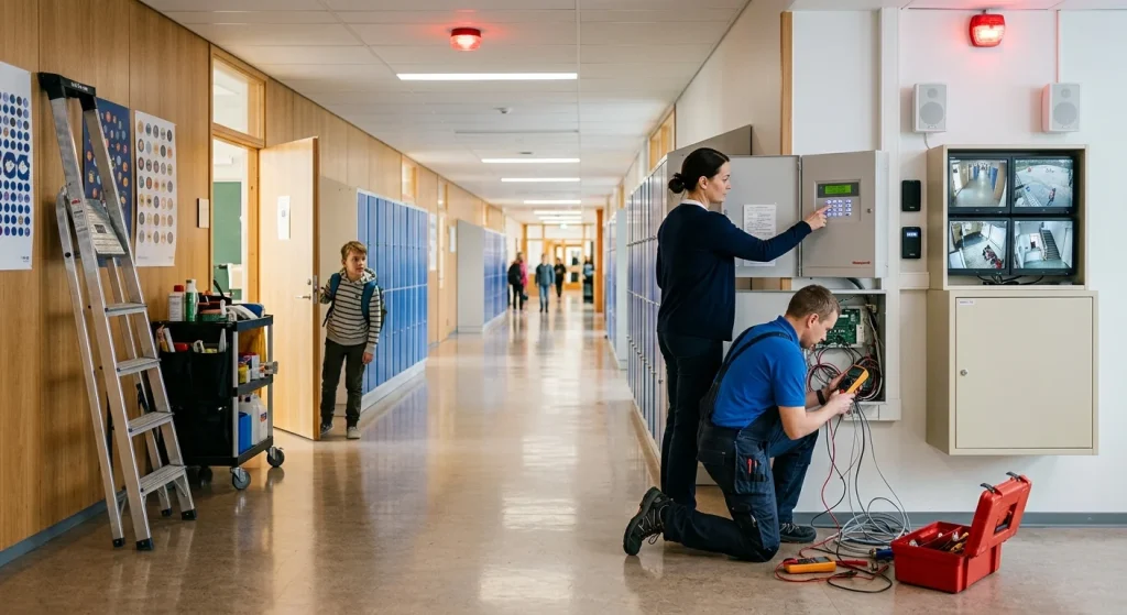 Photorealistic wide-angle view of a modern Finnish school corridor during daylight, showing an administrator entering a numeric code on an open wall-mounted alarm control panel while a technician kneels with an open toolbox and multimeter. A ladder and maintenance cart stand to the side, a curious student peeks from a doorway, and a compact security cabinet displays multiple CCTV monitors with live feeds (no readable text). A red ceiling alarm strobe is visibly fading; wall-mounted speakers and card readers are visible. Polished linoleum reflects soft natural daylight mixed with fluorescent ceiling light; posters and lockers remain blurred and illegible. Cinematic shallow depth of field and high-resolution textures create a calm, professional atmosphere suitable for an instructional article.