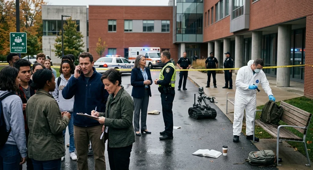 A photorealistic, cinematic scene of a college courtyard evacuated under a bomb-threat alert: students and staff clustered at an assembly point, faces anxious and alert. A teacher with a clipboard takes detailed notes while another staff member speaks urgently into a phone; a uniformed principal briefs a police officer as officers stand behind yellow cordon tape securing the perimeter. A forensic technician in protective gloves examines an unattended backpack on a bench without touching it, with a compact EOD robot nearby. Police car and ambulance lights reflect on wet pavement; scattered personal items — a backpack, coffee cup, open textbook — lie on the ground. Morning overcast light, shallow depth of field, high-detail textures and natural color grading, diverse realistic faces and clothing, no visible text or signage.