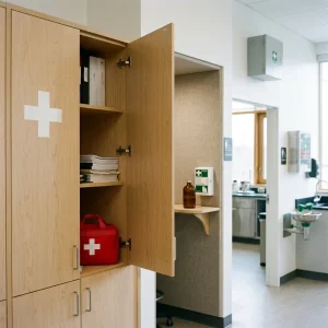Photorealistic editorial view of a modern school’s first-aid provisions: a staff-room cupboard left ajar revealing a red kit and a white cross painted on the door; a phone-booth–style staff alcove near restrooms with a wall-mounted compact first-aid station and an unlabeled amber bottle of iodine tablets on a shelf; a bright administration corridor with a sealed wall-mounted first-aid box opposite a classroom doorway; and a science lab with a mounted metal cabinet and stainless-steel eye-wash station by the sink. Natural daylight, realistic materials and textures, high-resolution editorial composition; no visible text or signage.