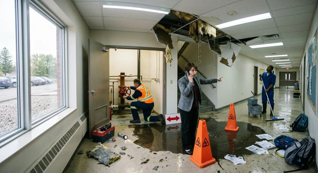 Photoreal wide-angle view of a ground-floor school corridor during a water-damage emergency: collapsed ceiling tiles and steady leaks feeding large puddles across scuffed linoleum, the wet floor catching realistic reflections. In the foreground a maintenance worker in a high-visibility vest kneels to turn a large red main shutoff valve inside an open utility room while a staff member speaks urgently into a phone and points toward the stairwell; a janitor maneuvers a mop bucket and squeegee amid scattered ruined papers, damp backpacks, a toolbox, flashlight and wet insulation. Blank caution cones and a small pictogram arrow indicate direction; a window frames a gravel parking area and parked cars outside. Natural daylight mixes with cool emergency LED lighting, emphasizing highly detailed wet textures, subtle motion and cinematic depth of field.