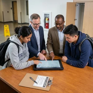 A high-resolution photograph captures a diverse team in a modern institutional setting, intently reviewing a digital safety incident report on a tablet. The detailed foreground features a clipboard, pen, and safety guidelines, underscoring meticulous attention to detail. Subtle, out-of-focus background elements hint at a recent near-miss, emphasizing the importance of proactive reporting and collaborative problem-solving. Studio lighting and sharp focus highlight their commitment to maintaining a safe environment.