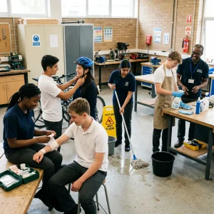 Photorealistic, candid medium-wide shot of a school workshop safety training: a diverse group of students and an instructor practicing prevention and first aid—one student bandaging a simulated arm injury, another fitting a bicycle helmet, a third mopping up a spilled liquid, and one wearing gloves and goggles while handling a household-cleaner bottle. Bright natural daylight, realistic textures and expressions, calm educational atmosphere, documentary-style composition, no text or labels.