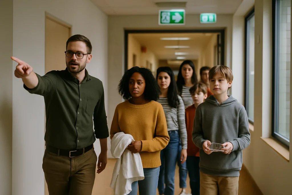 Documentary-style photo of a calm fire-drill in a modern Scandinavian school corridor: a teacher leads a diverse group of students walking single file toward an exit, pointing the way while some students carry lab coats or safety goggles. Subtle emergency lighting and a clearly visible but intentionally blurred evacuation route add context without readable text. Natural daylight, warm neutral color grading, shallow depth of field and a 35mm perspective create a realistic, high-resolution, human-centered scene.