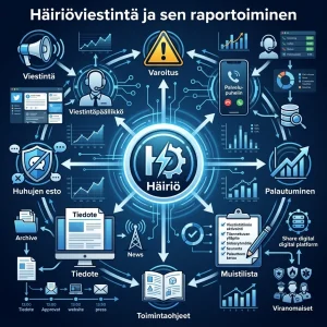 Syvän sininen ja valkoinen infografiikka esittelee kattavasti suomalaisen kriisiviestinnän ja sen raportoinnin periaatteet. Keskellä hehkuu 'Häiriö'-ikoni, josta säteilevät viestinnän keskeiset työkalut ja toimenpiteet, kuten 'Viestintä', 'Tiedote' ja 'Palvelupuhelin'. Kuvitus havainnollistaa dynaamisesti tiedonkulkua, varoituksia, huhujen estoa ja palautumista, osoittaen saumattoman hallinnan ja strategisen päätöksenteon tärkeyden.