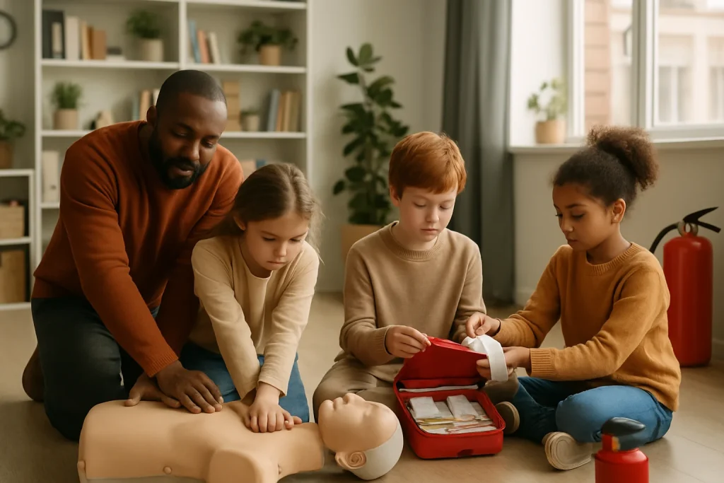 A warm, documentary-style scene in a bright modern classroom where a diverse teacher calmly guides students through CPR on a mannequin while others practice bandaging and inspect a first-aid kit and extinguisher. Natural window light and a shallow depth of field create a candid, reassuring moment that emphasizes teamwork, preparedness, and everyday school safety.