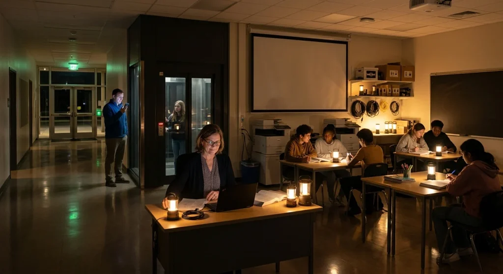Wide-angle photorealistic scene of a calm school during a power outage: warm battery lanterns and handheld flashlights cast soft pools of light across dim corridors and an adjacent classroom where a teacher calmly unplugs a laptop and consults a paper lesson plan. Small groups of students read by battery lamps while printers and a projector sit idle, extension cords are neatly coiled and a teacher’s workroom shelf holds spare battery lamps and boxes; a person inside a stopped elevator presses the alarm as a staff member speaks into a smartphone nearby. Polished floors reflect the gentle emergency glow and a faintly lit battery-backed electronic lock marks the main entrance — an organized, reassuring atmosphere of quiet continuity.