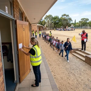 Photorealistic wide-angle scene of a calm school evacuation. In the foreground a teacher wearing a yellow safety vest gently closes a classroom door and places a small blank laminated marker on the frame while backpacks remain inside. Through the open door a neat line of students led by another teacher carrying a plain-coloured pennant walks across a sandy school playing field toward the designated gathering area. At the top of the steps a red-vested evacuation coordinator holds a megaphone and clipboard as teachers coordinate and check rooms; diverse students and staff, natural daylight, documentary-style realism and high detail, with no visible signs, text, or logos.