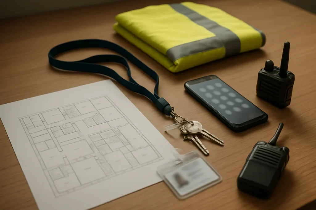 Photorealistic close-up of a tidy wooden desk bathed in soft natural light, featuring a printed architectural floor plan of a school (schematic lines intentionally non-legible), a folded high-visibility safety vest, staff lanyard and ID card with text blurred, a smartphone showing a generic blurred contact grid, a set of keys and a compact walkie-talkie neatly arranged; shallow depth of field, neutral tones, calm professional mood.