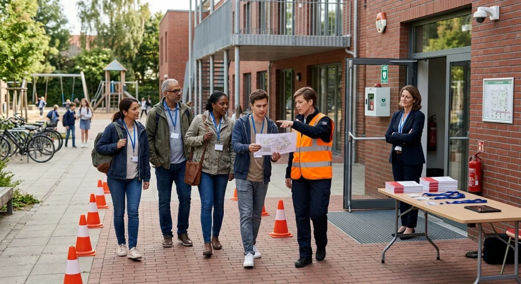 Photorealistic scene on a modern school campus during a safety briefing: a safety officer in a reflective vest leads a small, diverse group through the courtyard while an assistant holds and gestures to a laminated site plan; the principal watches and nods from the open main entrance. A folding table nearby holds stacked safety manuals and visitor lanyards, with a sign-in tablet visible. A fire extinguisher and AED cabinet are mounted on the exterior wall, a security camera overlooks the area, bicycle racks line the side, and playground equipment sits in the background. Safety cones mark a temporary route and an evacuation map frame is visible but indiscernible. Varied ages and ethnicities, natural candid interactions and clear body language, realistic clothing and expressions. Morning natural light with subtle shadows, shallow depth of field, high-resolution textures on brick facade, glass doors and metal railings, and cinematic color grading create a layered, complex composition.