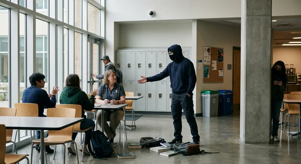 Photorealistic interior of a modern college hallway/cafeteria capturing a tense, non-graphic robbery: a masked robber in a dark hoodie gestures threateningly near lockers while a second suspicious figure slips out a side door. Several students and a staff member remain calm—hands visible or seated—one person discreetly dials a phone behind a pillar while another studies the robber’s features. Backpacks, laptops and textbooks lie scattered, trays and chairs are upturned, and a ceiling security camera and large daylight windows frame the scene. Cinematic composition, realistic textures, shallow depth of field and a muted color palette, no text or labels.