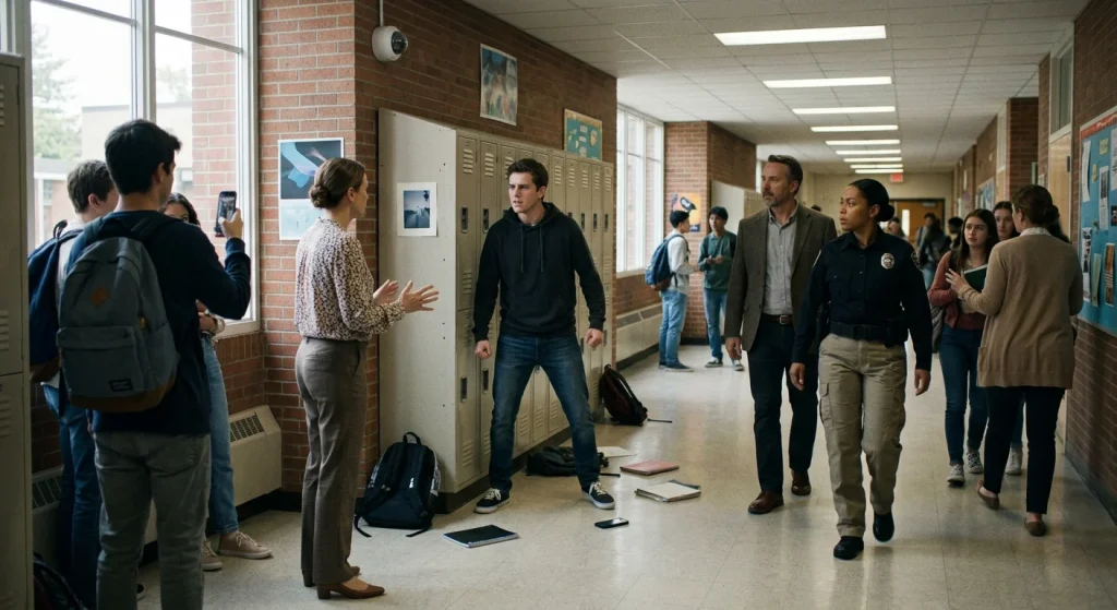 Photorealistic, cinematic view of a tense school corridor: an agitated young adult stands near lockers with a rigid, threatening posture but no weapon, surrounded by clear open space as others keep their distance. A calm teacher faces them with open palms and visible hands while a uniformed security officer and the principal approach from the side; a staff member guides worried students away and one student discreetly photographs the scene on a smartphone. Scattered backpacks, notebooks and a dropped phone lie on the floor beneath an overhead CCTV camera; bulletin boards and posters are blank and ID badges are empty, daylight streams through windows, realistic worried and composed facial expressions, high-detail textures, natural color grading, shallow depth of field and cinematic lighting.