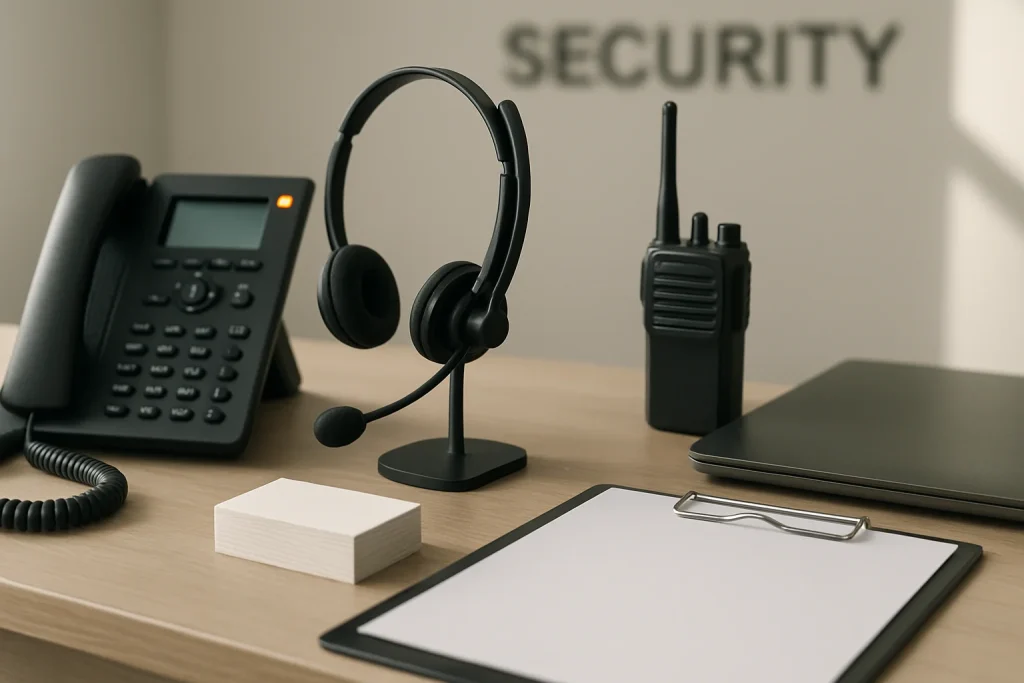 Photorealistic close-up of a security reception desk: a modern desk phone with an illuminated call light, a professional headset on a stand, a walkie-talkie, a closed laptop, a neat stack of blank business cards and a clipboard with blank paper. Soft natural lighting, shallow depth of field and a neutral minimalist background convey calm, order and professional readiness.