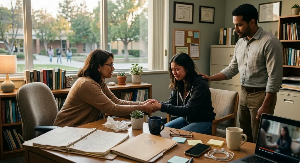 Photorealistic late-afternoon scene in a school's counseling/principal's office: a tearful teen seated as a compassionate counselor leans forward holding their hand while a teacher stands nearby offering quiet support. Diverse, natural expressions and skin tones; soft warm cinematic light and shallow depth of field. On the wooden desk: an open binder with blurred pages, a closed folder with a neutral embossed symbol, a laptop showing a paused frame (screen blurred), tissues, two coffee mugs, a smartphone with earbuds, reading glasses, a pen and scattered sticky notes. Bookshelves and framed certificates line the background with all text indistinct; a window reveals a calm courtyard and distant students. Intimate, empathetic, high-detail imagery with no readable text or labels.