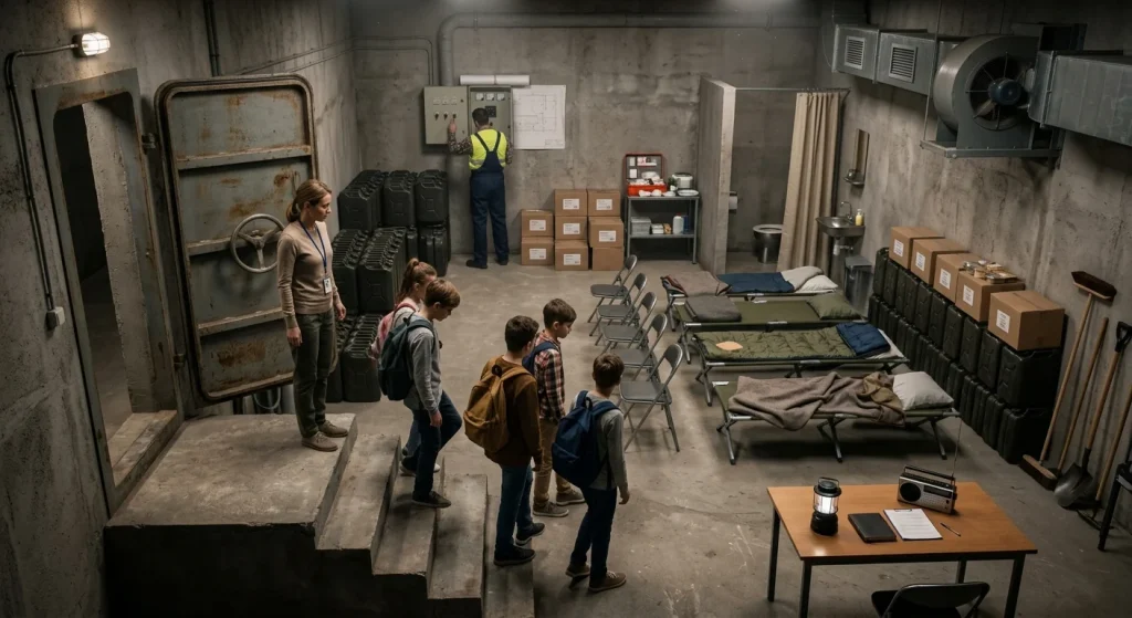 A photorealistic wide-angle view down concrete stairs into a school basement civil shelter—an ajar heavy steel blast door frames a calm teacher guiding a small group of teenagers with backpacks into a tidy, well-equipped refuge. Inside, rows of cots and foldable chairs, stacked water jerrycans and sealed food boxes, a compact first-aid area, a radio and lantern on a table, industrial ducts and an intake fan, and a modest toilet and sink form an orderly scene while a maintenance worker inspects a wall control panel; scuffed concrete, worn metal, fabric blankets and subtle dust motes in beams of emergency LED light give the image a quiet, documentary atmosphere.
