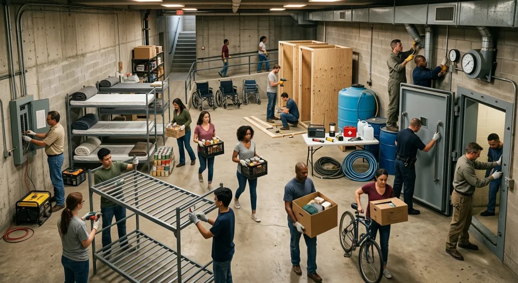 A photorealistic wide-angle view of a school basement transformed into a working civil defense shelter: staff, students, and a lead officer coordinating in purposeful motion as people haul boxes and bicycles, volunteers assemble metal bunks and simple wood toilet cubicles, and technicians test ventilation, pressure gauges and a blower. Warm pool of practical light catches dust motes and textured concrete and metal surfaces while toolboxes, coiled hoses feeding water tanks, canned food crates, radios and battery lights are methodically organized; wheelchairs and mobility aids sit in an accessible zone and an electrician tends a portable generator and fuse box. The busy, multi-activity composition conveys calm, focused teamwork and readiness without signage, highlighting human expressions and the tactile details of preparation.