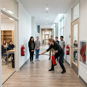 Photorealistic scene in a modern school hallway and adjacent classroom where a teacher demonstrates the correct safe stance while holding a red dry-chemical fire extinguisher; a second wall-mounted extinguisher and a closed cabinet reveal a coiled red hose reel behind clear glass. Natural daylight, realistic textures and materials, and a calm, informative mood emphasize preparedness as a few students observe respectfully from a safe distance.