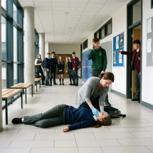Documentary-style wide-angle scene in a bright, modern classroom: a student lies collapsed on the floor while a teacher kneels checking airway and breathing with gloved hands; one student urgently makes an emergency call, another points toward the doorway to guide arriving responders, and classmates stand back watching with concern. Natural daylight, diverse figures, calm but urgent mood, high-detail photorealism.