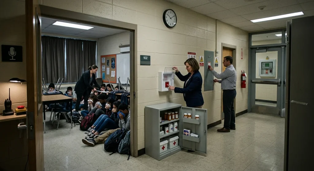 Photorealistic wide-angle interior of a school during an indoor shelter-in-place: a dim classroom and adjacent corridor, a teacher calmly gathers students seated on the floor against textured walls with lights off and heavy curtains drawn, backpacks piled and chairs and a table barricading the closed door; some students hold damp cloths to their faces. In the corridor a receptionist lifts a small protective cover to press a recessed emergency button while another staff member flips an HVAC shutoff panel; a nearby cabinet hangs slightly open revealing sealed medicine bottles and a white cross sticker, a radio room door is ajar with a red button and handheld radio on a shelf, and through glass the entrance vestibule shows an external emergency lock behind a small locked compartment. Rich realistic details—fluorescent fixtures, scuffed floors, scattered papers, a first aid kit, wall clock and blurred posters, subtle dust motes in cinematic dim light conveying a tense but orderly atmosphere.