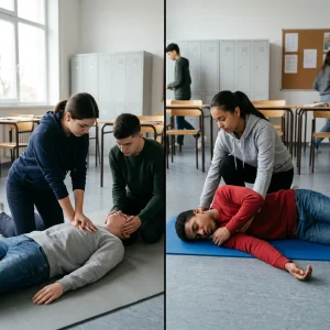 Photorealistic split composition in a sunlit classroom showing two simultaneous first-aid responses. Left: a kneeling rescuer performs chest compressions on an unconscious person lying on their back, heel of the hand centered on the sternum and the other hand on top while a second rescuer demonstrates a clear head‑tilt chin‑lift for rescue breaths. Right: a rescuer places a different unconscious person into the recovery (side‑lying) position with a bent knee for stability and a hand supporting the cheek. Desks and lockers are softly focused to evoke an educational environment; diverse people and calm, focused expressions, no text or labels.