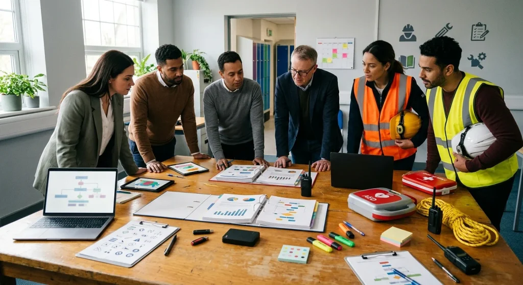 A cinematic, photorealistic editorial scene of a modern school training room where a diverse group of teachers and safety officers lean over a large wooden table reviewing updated training materials—open printed manuals and binders, colorful charts and graphic diagrams, tablets and laptops showing blurred schematics, USB drives and an external hard drive, clipboards, pens, highlighters, sticky color-dot notes, a first aid kit and AED, safety helmets, reflective vests, coiled rescue rope and a walkie‑talkie, with scattered file folders and graphic-only checklists. Soft natural daylight pours through large windows into a shallow depth-of-field composition that shows a classroom corridor with lockers and bookshelves, abstract safety icons on the wall, a calendar with colored markers, a potted plant, and warm neutral color grading, rich textures, realistic shadows and subtle film grain conveying focused collaboration and preparedness.