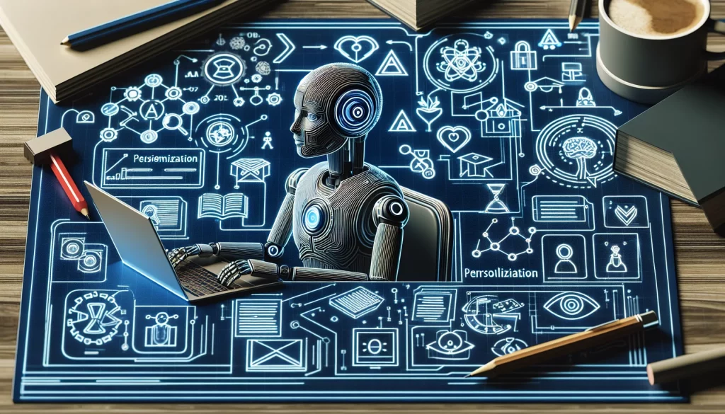 This blueprint-style visual representation showcases the integration of artificial intelligence in educational material design. The image features AI algorithms, symbols of personalization for tailored learning strategies, and visual markers of ethical considerations. It conveys an innovative approach to optimizing learning experiences through AI-enabled instructional tools, presenting a forward-thinking and advanced concept of artificial intelligence in education.