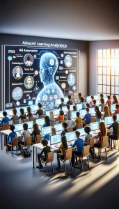 Step inside a cutting-edge classroom where AI technology transforms education. Students from diverse backgrounds engage with personalized learning materials on sleek digital interfaces, showcasing the power of early intervention and tailored support. Witness the future of education with advanced learning analytics at its core.