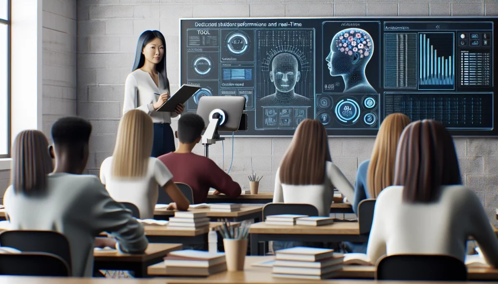 A high school classroom where a dedicated Asian teacher utilizes a sleek computer system to analyze student performances in real-time. The diverse group of students, including Black, Hispanic, Caucasian, Middle Eastern, and South Asian teenagers, eagerly await customized feedback as the AI-driven system prepares their progress reports.