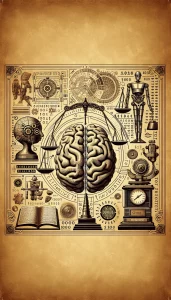 This vintage-style image captures the essence of artificial intelligence with symbols of machine learning, natural language processing, robotics, and decision-making, all depicted in a nostalgic color palette and design elements reminiscent of the 19th Century Scientific Illustrations era.