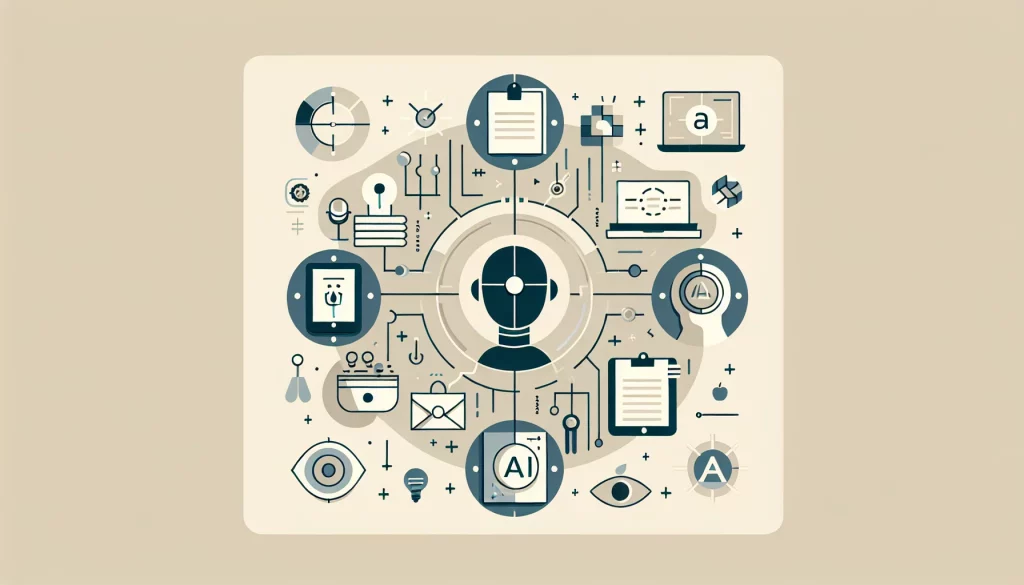 This minimalist image showcases the synergy between artificial intelligence and education through the use of clean geometric shapes and neutral colors. It emphasizes the positive impact of AI in teaching and learning, while subtly addressing ethical considerations. The fusion of technology and academia is visually appealing, creating a harmonious representation of 'Tekoälyn perusteet' (The Basics of Artificial Intelligence).