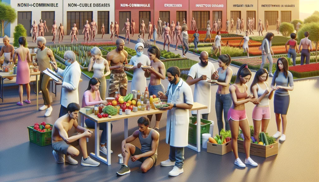 This photorealistic image showcases a diverse group of individuals engaging in healthy activities such as eating nutritious food, exercising, and practicing good hygiene to combat both non-communicable and infectious diseases. In the background, a harmonious society prospers as a result of their collective efforts towards individual health and societal wellbeing.