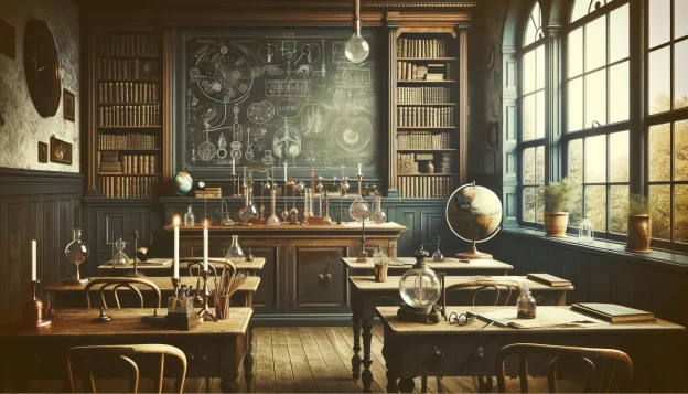 Step back in time to a nostalgic vintage classroom setting filled with old textbooks, intricate diagrams related to health on the chalkboard, and vintage medical instruments. The academic charm is palpable with wooden desks, a globe, and a large antique window casting a soft natural light. Engrossed students of varying genders and descents add life to the scene.