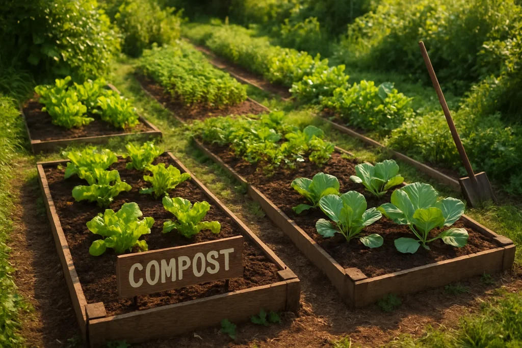 This photorealistic depiction showcases a flourishing garden filled with meticulously tended planting basins, bursting with vibrant crops and surrounded by lush greenery. Soft sunlight filters through, casting a warm glow over the rich compost and fertilizers, while carefully mulched soil and nearby gardening tools reveal the dedication behind this nurturing environment. Each row is distinctly marked, symbolizing the journey of cultivation and the magic of farming that brings life to every seed.