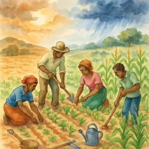 This watercolor illustration captures the essence of a thriving farming community adapting to the whims of nature. In the foreground, smallholder farmers, united in their efforts, employ the innovative Pfumvudza method, cultivating vibrant crops in organized stations. The contrasting background showcases a landscape of both drought-stricken and flourishing areas, symbolizing the challenges of erratic rainfall. Surrounded by diverse agricultural tools, the scene embodies resilience, collaboration, and the indomitable spirit of those who work the land.