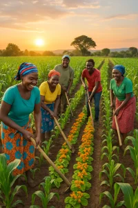 A captivating photograph showcasing a diverse group of smallholder farmers, including women and youth, joyfully collaborating in lush green fields. Emphasizing the Pfumvudza farming method, the image features vibrant crops in neat rows, radiant smiles, and a stunning sunrise illuminating the landscape. This visual celebration captures the essence of community empowerment, sustainability, and the transformative bond between the farmers and their land.