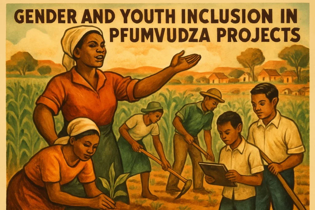 In this vintage-inspired illustration, a lively agricultural scene unfolds, celebrating gender and youth inclusion in the Pfumvudza projects. Women lead the charge, guiding a group of enthusiastic young farmers as they embrace innovative techniques and modern tools amidst the lush fields of their community. The warm, earthy color palette imbues the artwork with a rustic charm, reminiscent of early 20th-century farm life, while highlighting the spirit of empowerment and collaboration that drives these vibrant farming efforts.