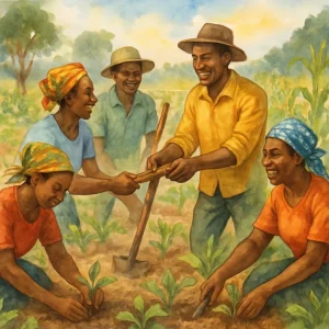 A vibrant watercolor scene captures the essence of unity among smallholder farmers in Zimbabwe. Diverse farmers collaborate joyfully in a flourishing garden, planting crops and exchanging tools, their smiles reflecting the strength of community and shared knowledge. This lively portrayal symbolizes resilience and agricultural prosperity, showcasing the power of community-based approaches like the Pfumvudza method, where collaboration nurtures growth and harmony.
