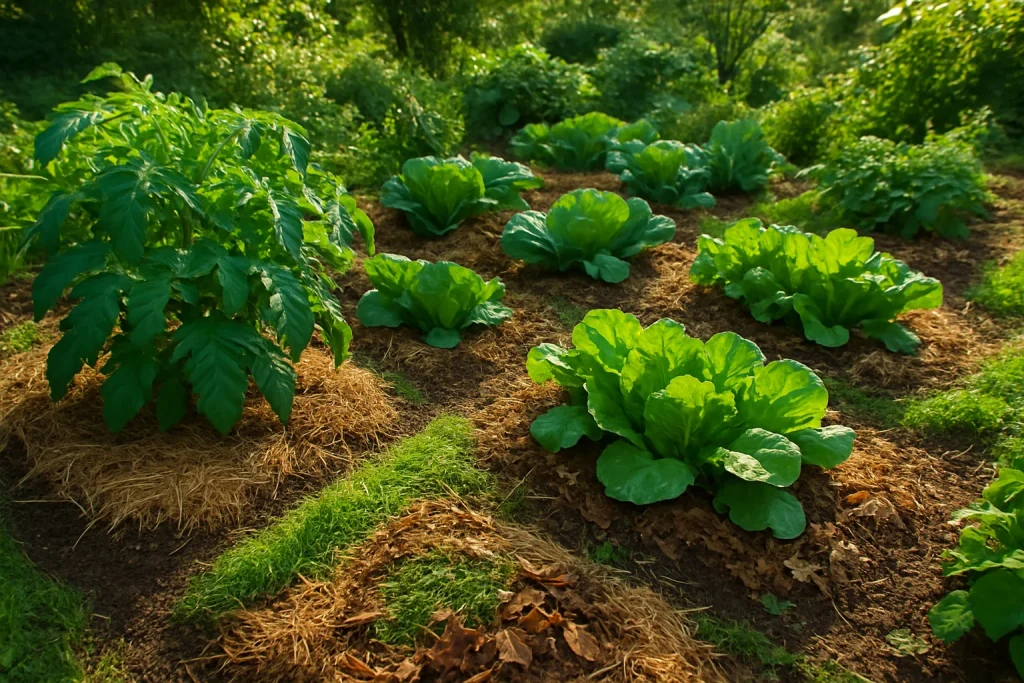 A vibrant sanctuary of ecological balance, this photorealistic garden scene showcases meticulously mulched planting stations enriched with organic materials like straw, grass clippings, and dried leaves. The careful arrangement not only promotes moisture retention and weed control but also highlights the richness of healthy soil underneath a vibrant canopy of thriving crops. Sunlight filters gently through the leaves, casting a warm glow over this idyllic retreat, embodying the essence of sustainability and the beauty of nature's harmony.