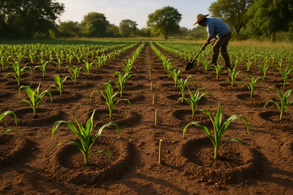 This photorealistic image encapsulates a serene farming landscape where precision meets nature. Rows of vibrant maize seedlings stretch across the sunlit field, each strategically positioned within uniform planting basins. Sunbeams dance upon the rich, well-maintained soil, highlighting the farmer in the background tirelessly digging a planting hole. Permanent pegs stand as sentinels of organization, embodying a commitment to careful stewardship and optimal yields. The scene radiates tranquility and the beauty of disciplined agriculture.