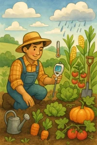 In this enchanting illustration, a vibrant farm springs to life, where traditional farming meets modern technology. A dedicated farmer kneels in rich soil, a soil moisture meter in one hand, embodying the perfect blend of old and new. Surrounding him, diverse crops thrive under a cheerful sky adorned with fluffy clouds, hinting at a nourishing rain. A nearby watering can glistens, symbolizing care and sustainability, while scattered tools tell stories of dedicated stewardship. This whimsical scene captures the essence of nurturing the land for a flourishing future.