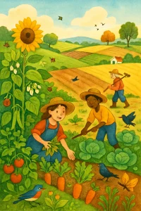 A whimsical storybook illustration bursting with color, depicting a thriving agricultural landscape where intercropping and crop rotation harmonize in nature's embrace. In the foreground, vibrant sunflowers tower over lush legumes and assorted vegetables, creating a living tapestry. Joyful farmers tend to the fields, joined by a myriad of insects and birds, celebrating biodiversity. The backdrop reveals a scenic seasonal transition, with marked fields poised for planting, capturing the rhythm of growth. Above, a bright sky invites admiration, encapsulating the spirit of sustainable farming.