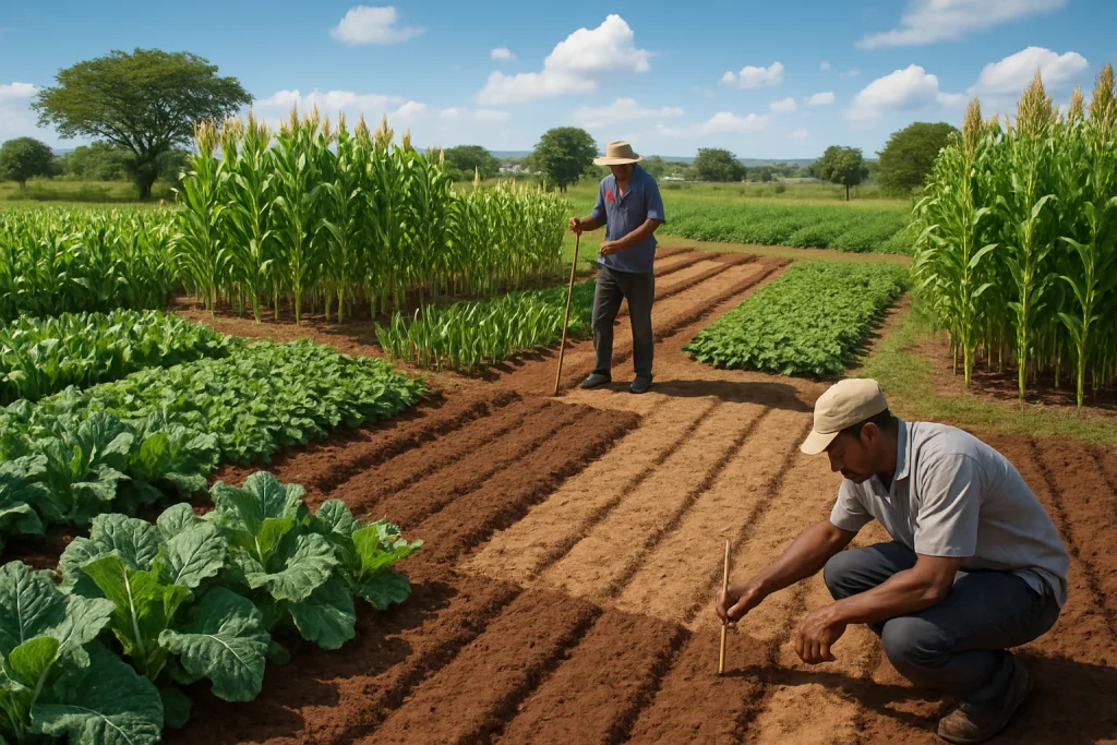 Witness a photorealistic celebration of diverse crops flourishing in a smallholder farm, where sandy, clay, and loamy soils converge under a radiant sun. Farmers skillfully mark planting rows using the Pfumvudza method, showcasing robust varieties renowned for their disease resistance and adaptability. This captivating scene epitomizes the equilibrium of sustainable farming practices, highlighting the significance of healthy soil management and effective water retention in nurturing a bountiful harvest.