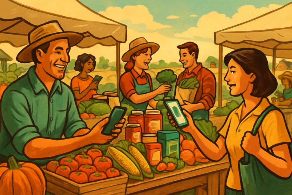 Step into a nostalgic yet contemporary rural market scene where vibrant interactions bloom between farmers and consumers. This vintage-style illustration captures the joy of community as fresh produce and homemade preserves are exchanged amid lively chatter. Surrounded by lush fields, the image brilliantly juxtaposes traditional agricultural entrepreneurship with modern digital engagement, inviting us to relish the essence of market access and connection.