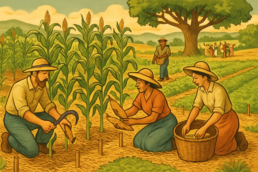 Step back in time with this vintage-style illustration that beautifully captures a serene rural scene during harvest season. Farmers gracefully harvest maize with traditional tools, their careful movements reflecting a deep respect for the land and its bounty. Permanent pegs mark planting stations, while vibrant fields flourish, free from weeds, thanks to eco-friendly practices like mulch. In the background, a joyful community gathers to celebrate the fruits of their labor, creating a warm and nostalgic atmosphere that honors safe and efficient harvesting methods.