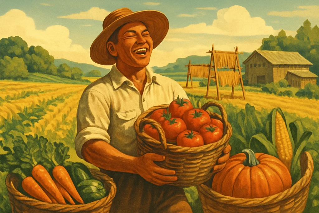 This vintage-style illustration captures the essence of a joyful farmer at work, surrounded by a bountiful array of colorful fruits and vegetables in a sunlit field. Traditional baskets brim with produce, while the background reveals sustainable post-harvest practices like drying racks and storage facilities. The nostalgic color palette evokes a sense of connection to nature and the beauty of agricultural resilience, inviting viewers to celebrate the rewards of hard work and nature's bounty.
