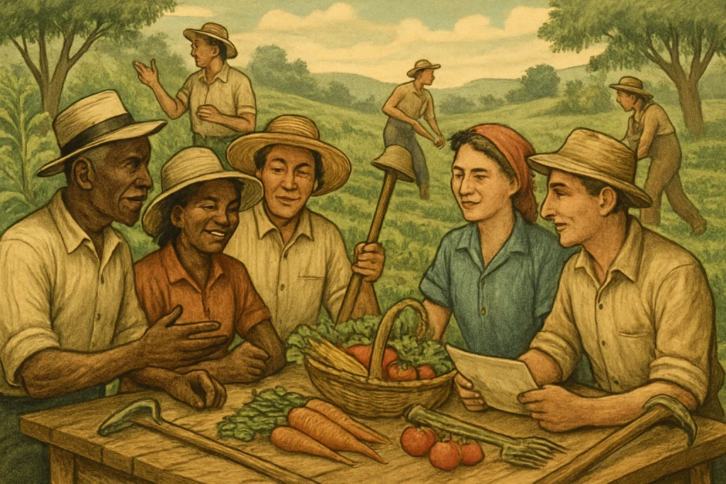 This vintage-style illustration captures the spirit of unity among smallholder farmers as they engage in collaborative activities within a lush, green landscape. A diverse group, comprising men and women of all ages, gathers around a communal table filled with vibrant crops and tools, symbolizing the sharing of knowledge and farming techniques. The warm tones and nostalgic ambiance evoke a sense of community bonding, showcasing how these farmers empower each other to thrive in sustainable agriculture.