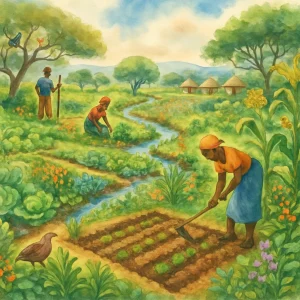 This vibrant watercolor illustration captures the essence of the Pfumvudza agricultural method, celebrating lush green fields brimming with diverse crops. Farmers are depicted skillfully applying sustainable techniques that enhance soil health and conserve water, all within a thriving ecosystem. The artwork emphasizes community empowerment and biodiversity, portraying a hopeful future in environmental sustainability.
