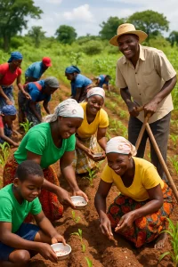 This vibrant photograph captures the essence of a smallholder farming community immersed in the Pfumvudza method. Families are seen diligently planting maize seeds in neat rows, surrounded by lush greenery that thrives under their care. The scene is enriched with symbols of agricultural wisdom—a collection of shared tools and traditional farming attire—while the smiling faces of the farmers reflect their unity and hope. Soft, natural lighting creates a warm atmosphere, celebrating the spirit of community and the promise of abundance.