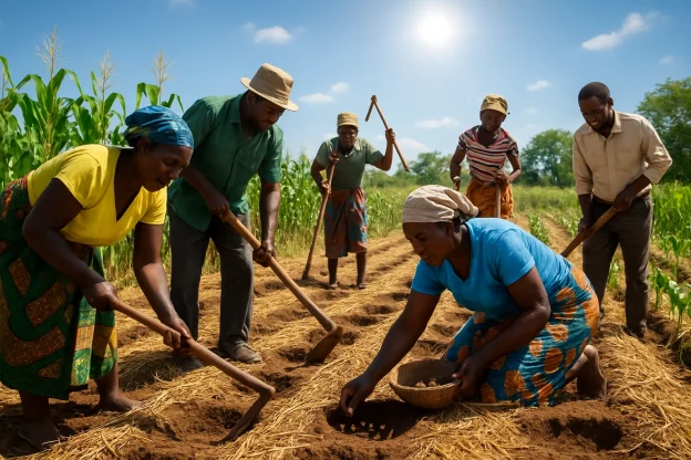 This photorealistic scene vividly captures the essence of the Pfumvudza method in sustainable agriculture. A diverse group of smallholder farmers, united in purpose, are seen diligently preparing the soil and planting crops on their vibrant plot. The lush green fields are dotted with traditional farming tools, showcasing innovative techniques like mulching and planting basins. Against a backdrop of a bright blue sky, the sun illuminates the community's resilience and harmony with nature, embodying a hopeful future for agriculture.
