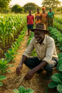 In a sun-drenched field alive with color, an elderly African farmer embodies the heart of sustainable agriculture, employing Pfumvudza techniques to enrich the land. As he lovingly mulches and rotates crops, the joy spreads to the young children at his side and the vibrant community bustling in the background. This photograph captures not just the act of farming, but the essence of collaboration, resilience, and empowerment within a community, bathed in warm light that fosters hope for a bountiful future.