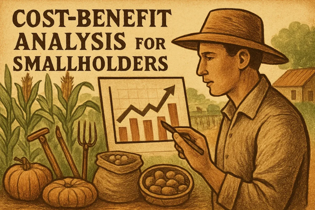 In this vintage-inspired illustration, a dedicated smallholder farmer pores over a chart, surrounded by thriving maize plants that symbolize growth and prosperity. Traditional farming tools and an array of harvested crops are scattered nearby, highlighting the hard work and resourcefulness of small agriculture. In the backdrop, a quaint farmhouse stands as a testament to home and heritage, while a bustling community market scene brims with the fruits of local labor—showcasing the essence of sustainability and collective upliftment. Warm, earthy tones permeate the image, inviting viewers to step into a nostalgic agricultural world.